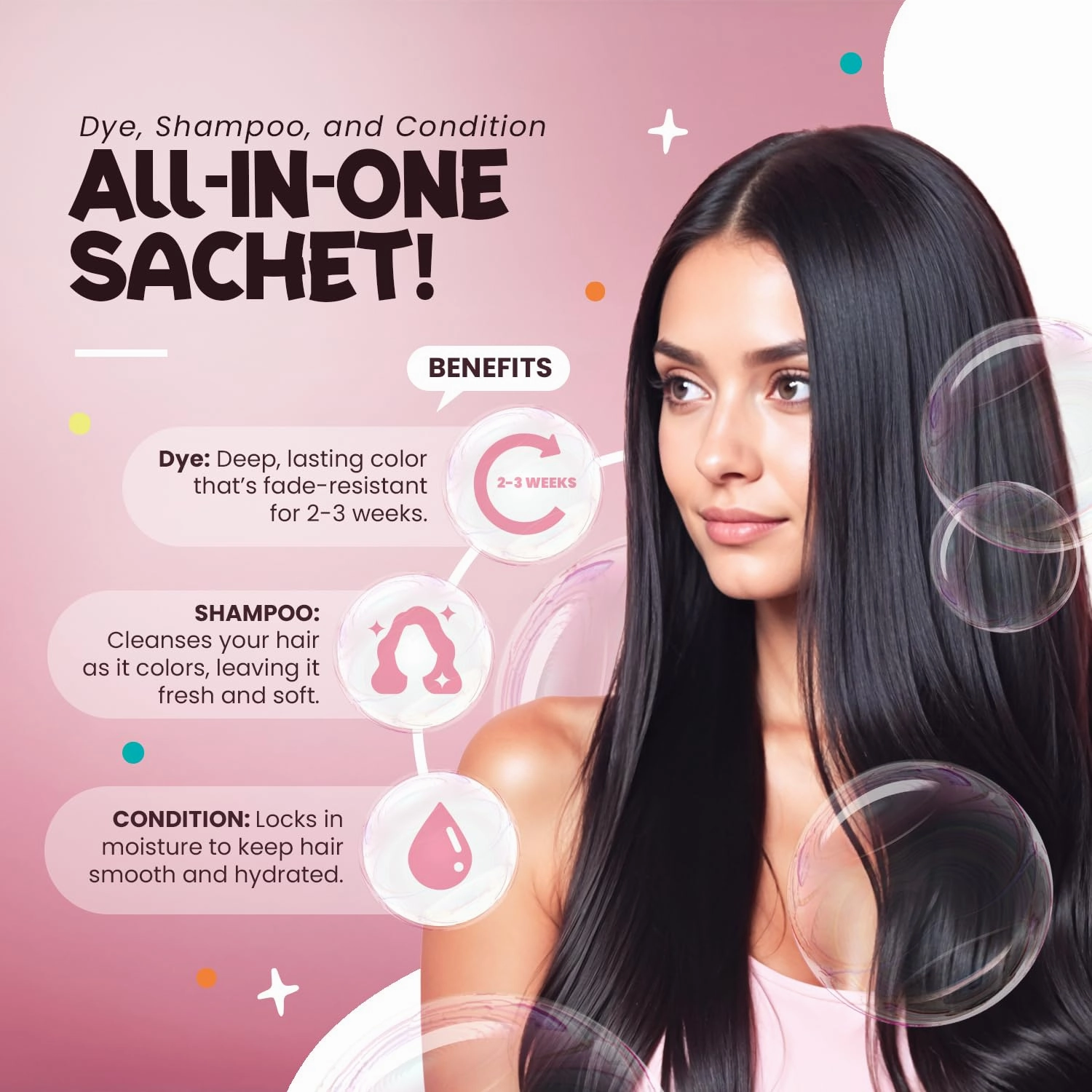 Herbishh Bubble Foam Hair Dye Shampoo, 3 in 1 Dye for 100% Grey Coverage, Permanent Hair Coloring for Men & Women, Long-lasting & Travel-friendly, Ammonia-free, 10 Sachet x 24 ml (Dark Brown)