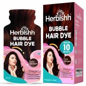 Herbishh Bubble Foam Hair Dye Shampoo, 3 in 1 Dye for 100% Grey Coverage, Permanent Hair Coloring for Men & Women, Long-lasting & Travel-friendly, Ammonia-free, 10 Sachet x 24 ml (Dark Brown)