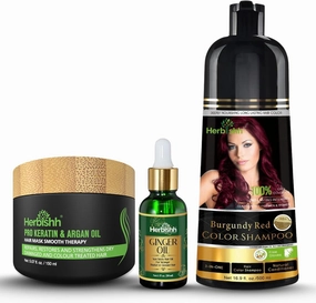 Herbishh Burgundy Hair Dye Shampoo 3 In 1- Color Shampoo For Gray Hair Coverage 500 ML, Argan Oil & Pro Keratin Deep Conditioning Hair Mask 150gm and Ginger Essential Oil Serum For Hair Growth 30ml