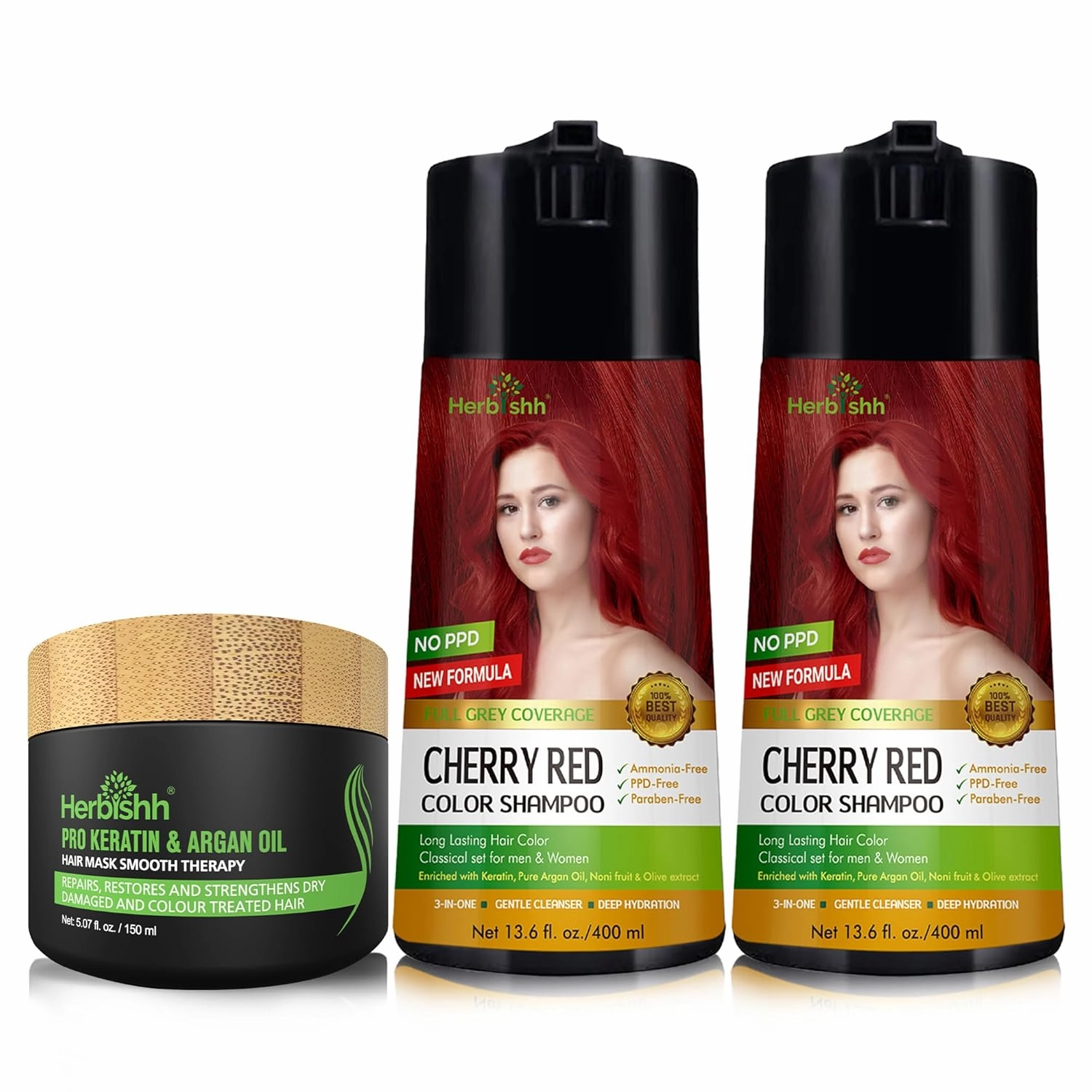 Herbishh C2 Combo with Hair Color Shampoo with Argan Oil Cherry Red (400ml) and Mask for Grey Hair (150gm) | Gift Set for Parents, Men and Women