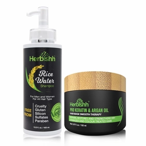 Herbishh Care Combo: Rice Water Hair Growth Shampoo 400ml   Moroccan Argan Hair Mask 250ml for Hair Regrowth, Thinning Hair, Moisturizing