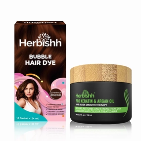 Herbishh Chestnut Brown Bubble Foam Hair Dye Shampoo, 3 in 1 Dye for 100% Grey Coverage, Permanent Hair Coloring for Men & Women (pack of 10, 24 ml Each)  Argan Oil Hair Mask 150 ML