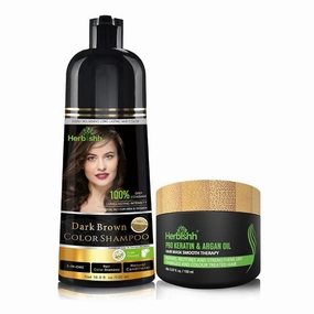 Herbishh Combo Hair Color Shampoo for Gray Hair Dark Brown 500ml   Argan Hair Mask for Deep Conditioning & Hydration 150gm