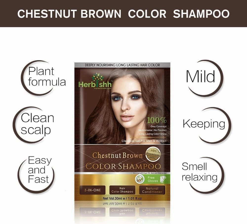 Herbishh Hair Color Shampoo 2 Travel Pack Combo   1 Pro-Keratin Argan Hair Mask for Deep Conditioning & Hydration 3 in 1 Permanent Hair Dye Shampoo for Grey Hair (Chestnut brown)