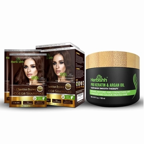 Herbishh Hair Color Shampoo 2 Travel Pack Combo   1 Pro-Keratin Argan Hair Mask for Deep Conditioning & Hydration 3 in 1 Permanent Hair Dye Shampoo for Grey Hair (Chestnut brown)