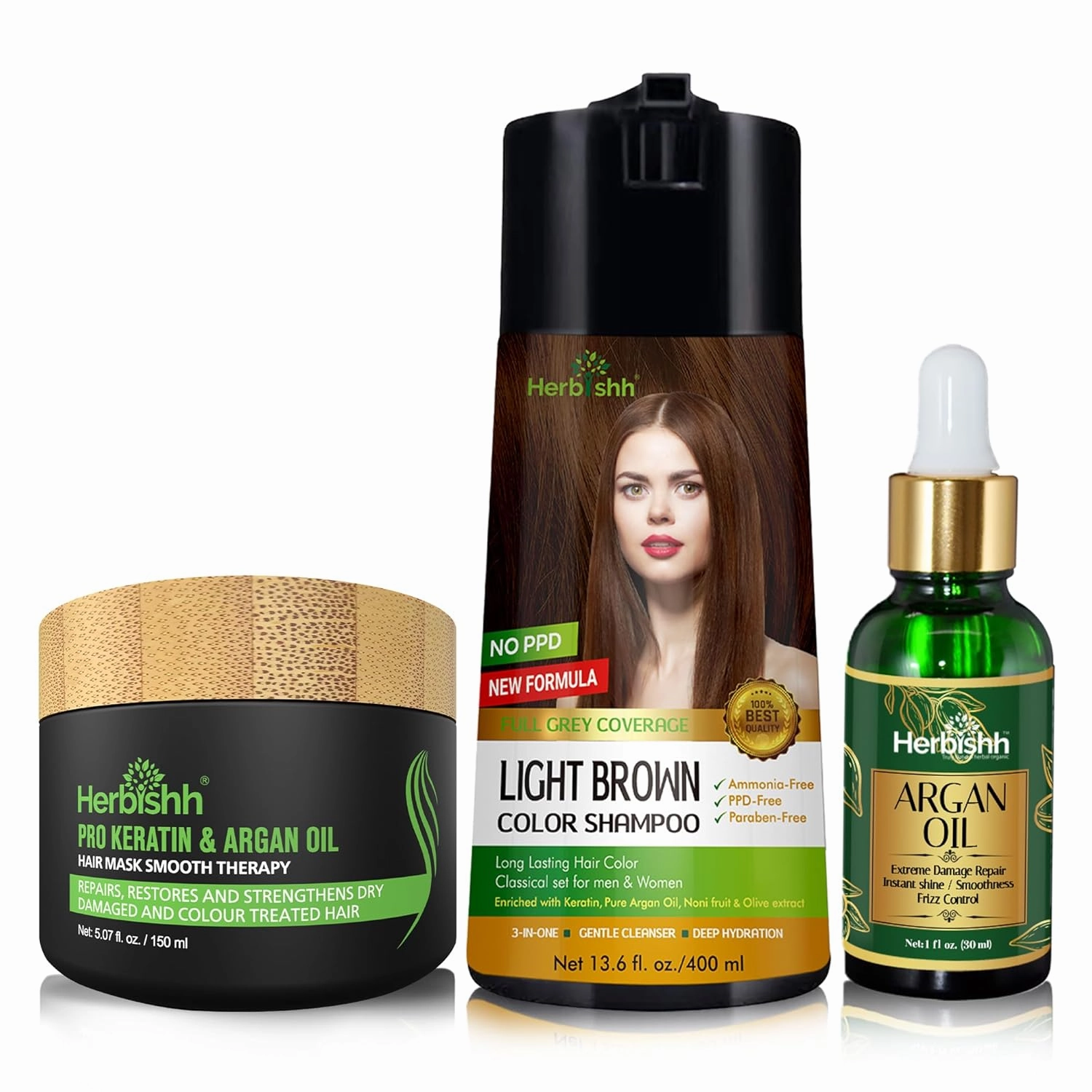 Herbishh Light Brown PPD Free Hair Color Shampoo Argan Oil Hair Mask Stain Wipes
