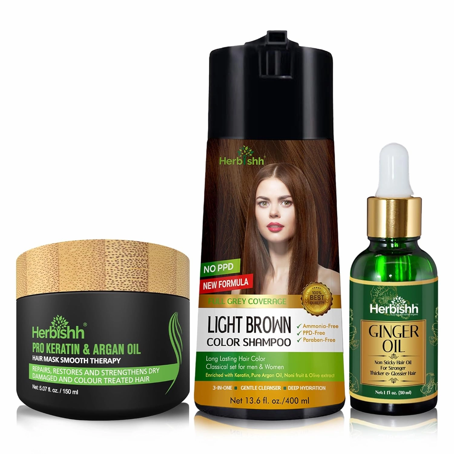 Herbishh Light Brown PPD Free Hair Color Shampoo Ginger Extract Hair Oil Argan Oil Hair Mask