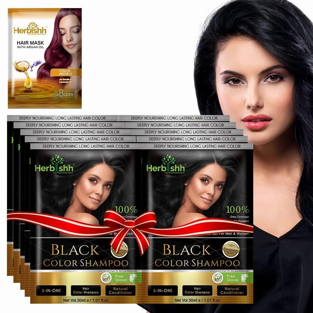 Herbishh Natural Hair Dye Shampoo with Argan Mask - Long-Lasting Color for Gray Hair - Travel Size, 10 1 Pack, Ammonia-Free (Black)