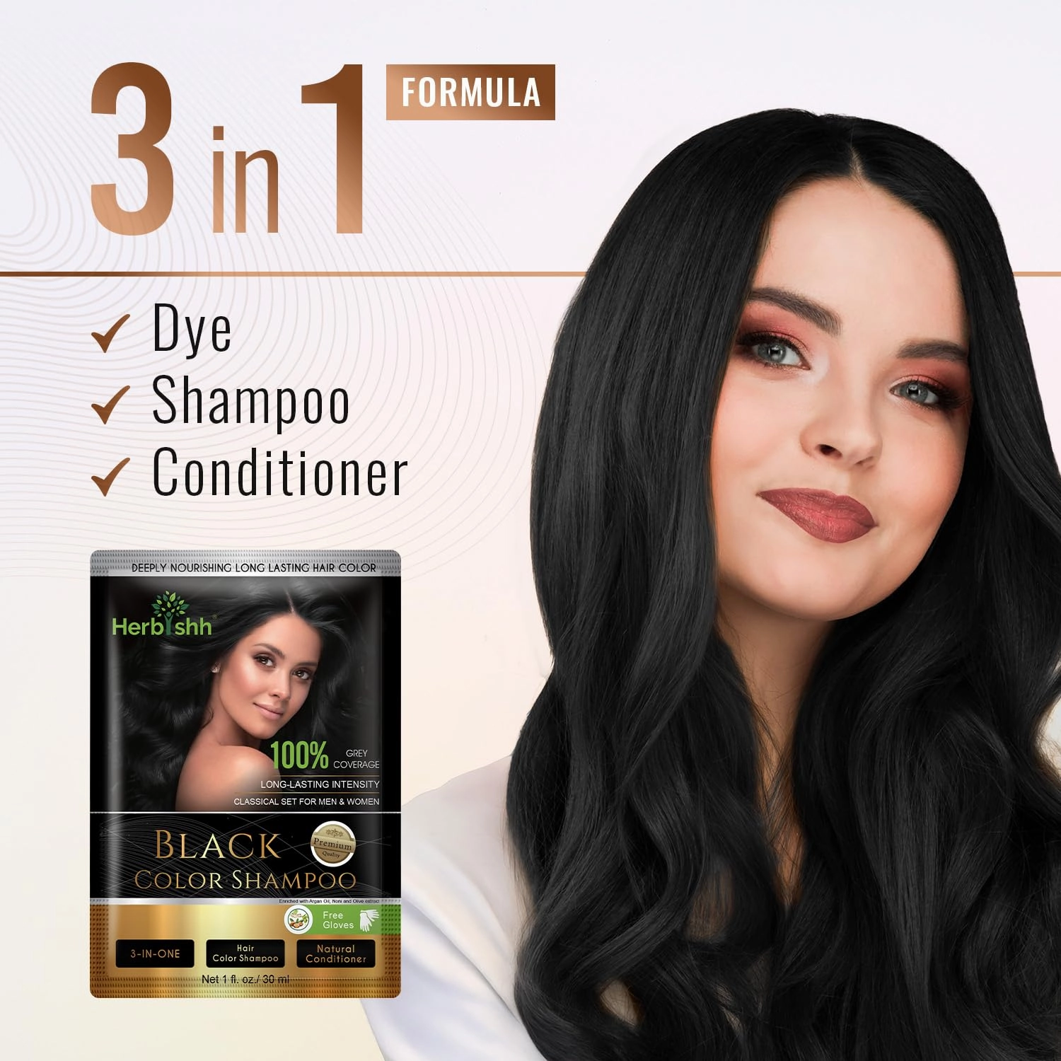 Herbishh Natural Hair Dye Shampoo with Argan Mask - Long-Lasting Color for Gray Hair - Travel Size, 10 1 Pack, Ammonia-Free (Black)