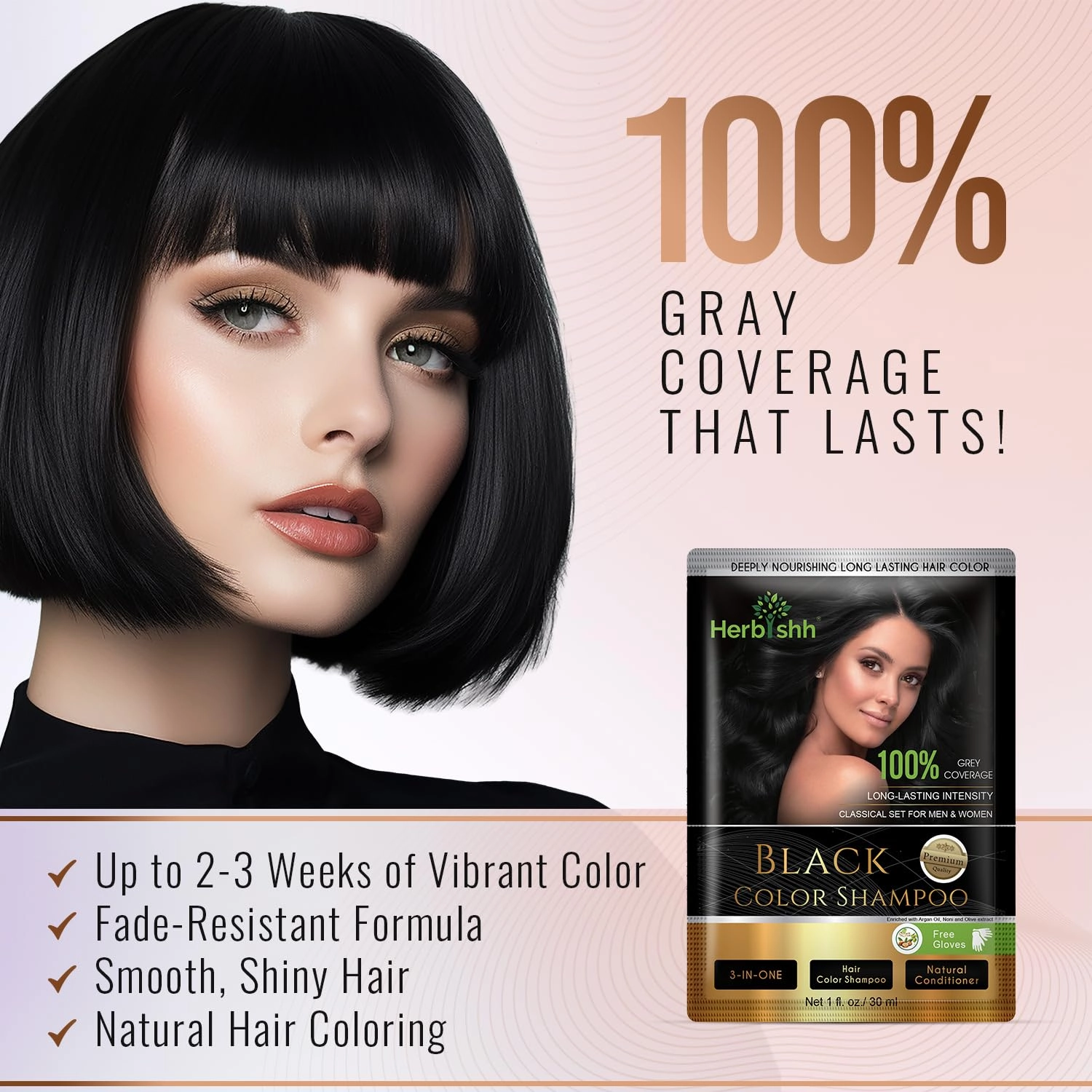 Herbishh Natural Hair Dye Shampoo with Argan Mask - Long-Lasting Color for Gray Hair - Travel Size, 10 1 Pack, Ammonia-Free (Black)