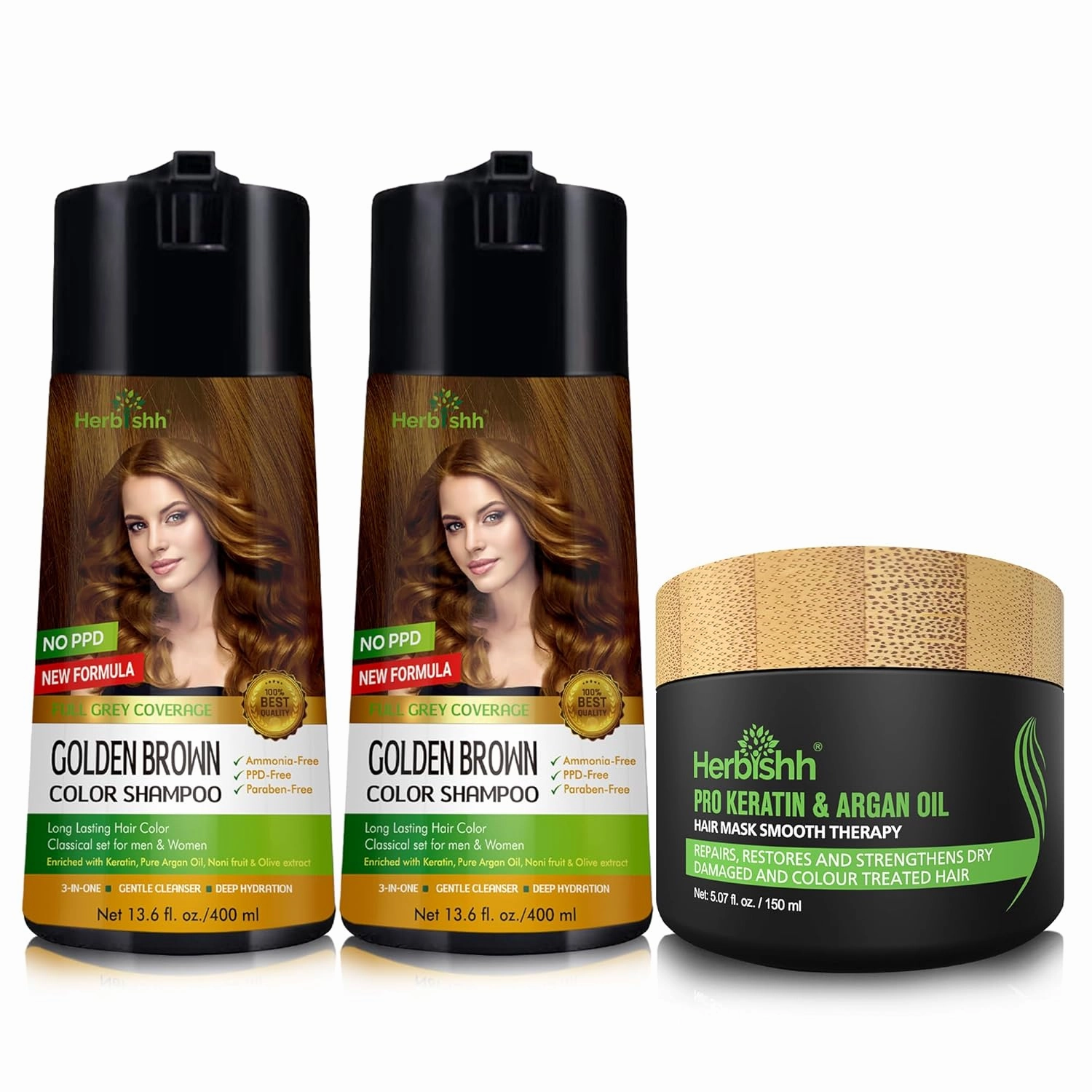 Herbishh Ultimate Combo Hair Color Shampoo Golden Brown 400ml Pack of 2 for Gray Hair   Argan Hair Mask 150gm for Conditioning & Hydration | Shampoo Para teñir el cabello | Long Lasting & DIY |