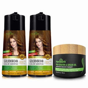 Herbishh Ultimate Combo Hair Color Shampoo Golden Brown 400ml Pack of 2 for Gray Hair   Argan Hair Mask 150gm for Conditioning & Hydration | Shampoo Para teñir el cabello | Long Lasting & DIY |