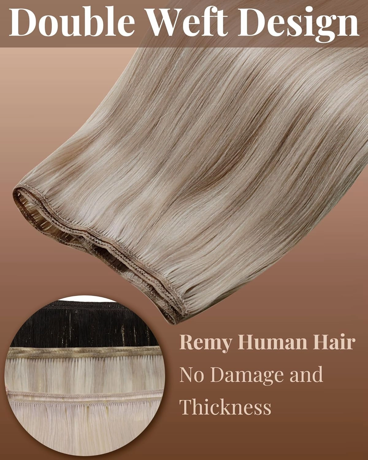 Hetto Sew in Hair Extensions Real Human Hair Highlights Weft Hair Extensions Human Hair Ash Blonde Mix Bleach Blonde Silky Straight 18 Inch 100g