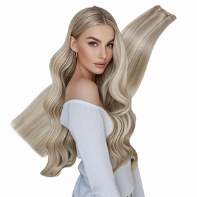 Hetto Sew in Hair Extensions Real Human Hair Highlights Weft Hair Extensions Human Hair Ash Blonde Mix Bleach Blonde Silky Straight 18 Inch 100g