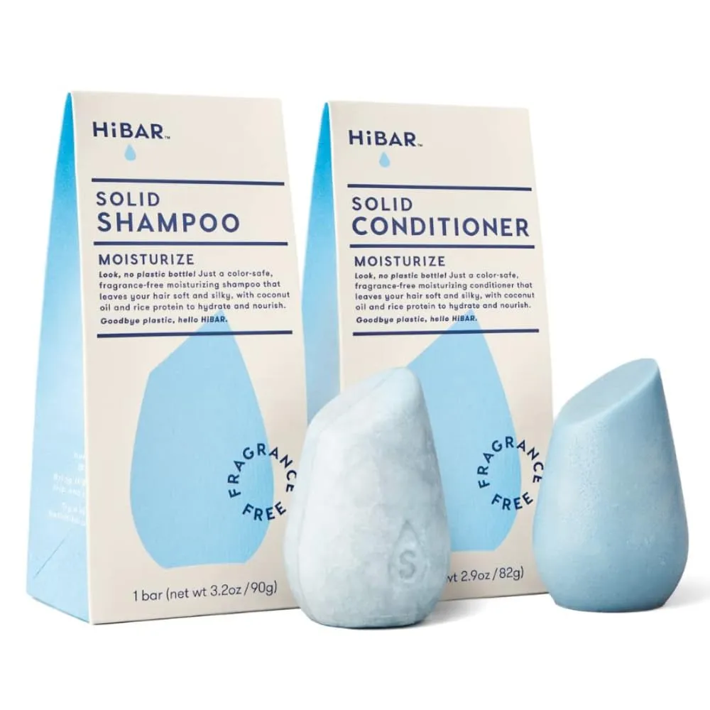 HiBAR - Moisturize Fragrance-Free Shampoo & Conditioner Set - For Dry, Frizzy Hair -Nourish & Hydrate -Coconut Oil & Vitamin B5 -Plastic, Soap, Paraben & Sulfate-Free -Color Safe & Vegan -2 Solid Bars