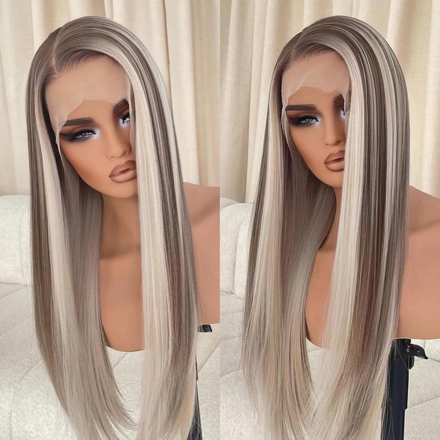 Highlight Ash Blonde Colored Lace Wig Ready to Wear HD Glueless 13x4 Synthetic Lace Front Wigs for Women 26inch 180 Density Pre plucked Natural Hairline