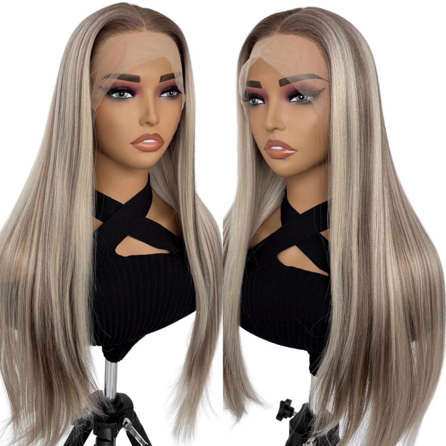 Highlight Ash Blonde Colored Lace Wig Ready to Wear HD Glueless 13x4 Synthetic Lace Front Wigs for Women 26inch 180 Density Pre plucked Natural Hairline