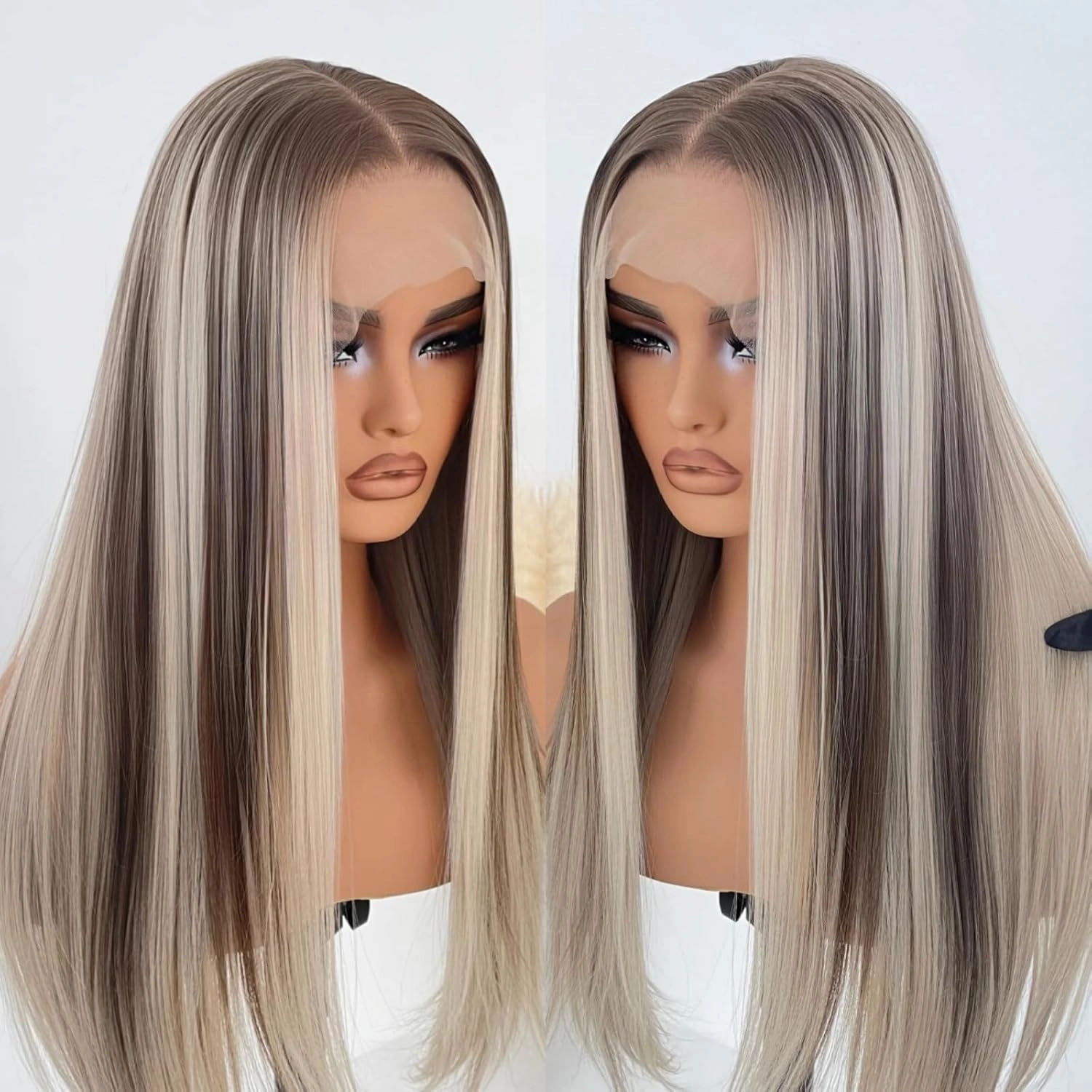 Highlight Ash Blonde Colored Lace Wig Ready to Wear HD Glueless 13x4 Synthetic Lace Front Wigs for Women 26inch 180 Density Pre plucked Natural Hairline