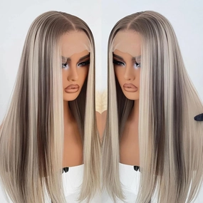 Highlight Ash Blonde Colored Lace Wig Ready to Wear HD Glueless 13x4 Synthetic Lace Front Wigs for Women 26inch 180 Density Pre plucked Natural Hairline