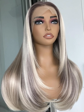 Highlight Blonde Brown Glueless Wigs Pre Plucked 13x4 Synthetic Lace Front Wig for Women With Bangs Long Layered Cut Straight 22 Inch Colored Wig