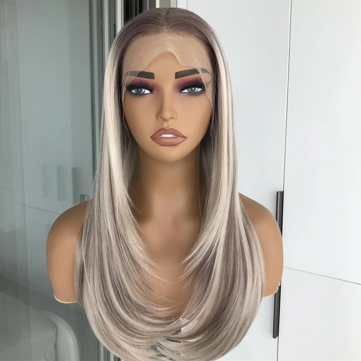 Highlight Blonde Brown Glueless Wigs Pre Plucked 13x4 Synthetic Lace Front Wig for Women With Bangs Long Layered Cut Straight 22 Inch Colored Wig