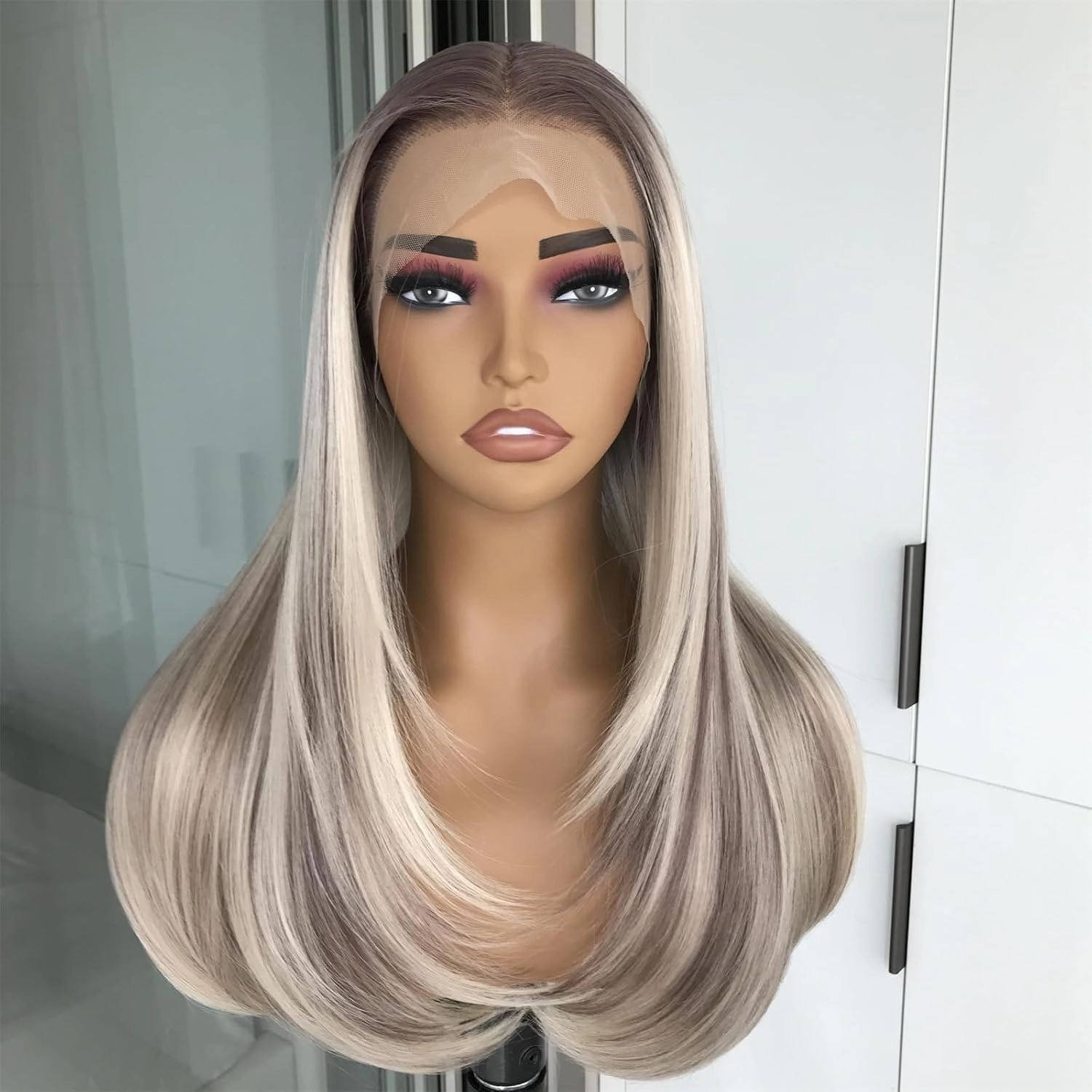 Highlight Blonde Brown Glueless Wigs Pre Plucked 13x4 Synthetic Lace Front Wig for Women With Bangs Long Layered Cut Straight 22 Inch Colored Wig