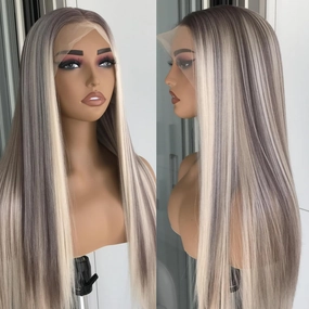 Highlight Blonde Long Straight Lace Front Wig for Women 13x4 Synthetic Lace Wigs Glueless Natural Look Synthetic Heat Resistant Fiber Wig for Daily Use 26inch