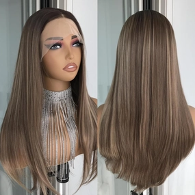 Highlight Brown Lace Front Wig 13x4 Pre Plucked Synthetic Lace Front Wig Straight Glueless Wig for Women Heat Resistant Fiber Wig for Daily Use 18 Inch