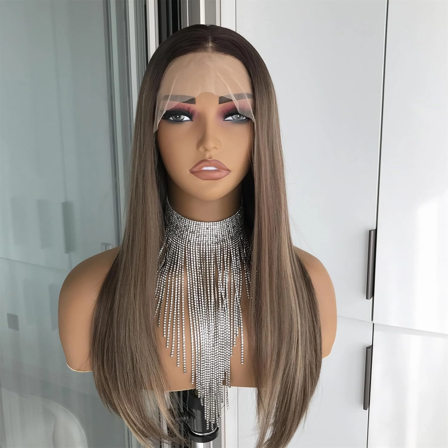 Highlight Brown Lace Front Wig 13x4 Pre Plucked Synthetic Lace Front Wig Straight Glueless Wig for Women Heat Resistant Fiber Wig for Daily Use 18 Inch