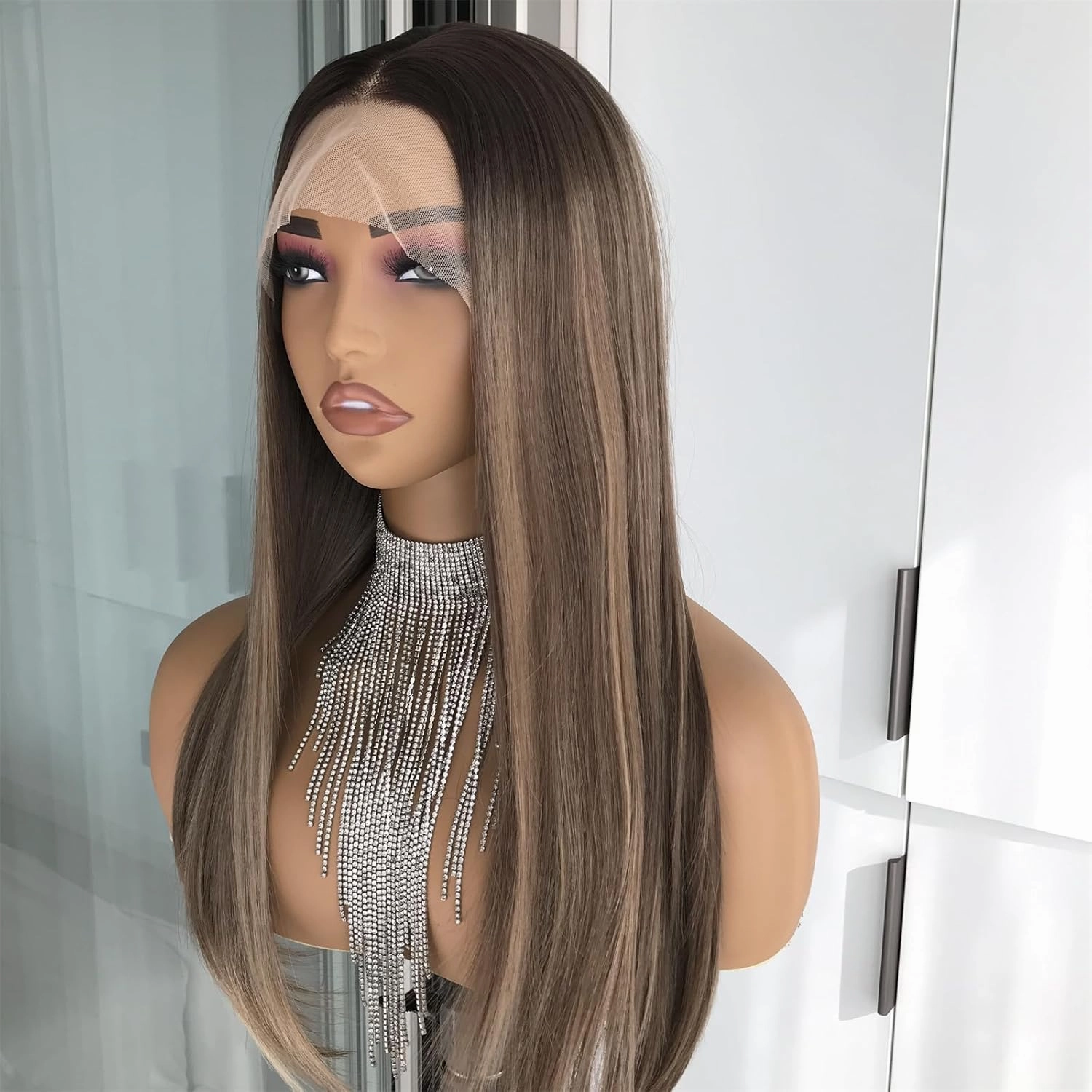 Highlight Brown Lace Front Wig 13x4 Pre Plucked Synthetic Lace Front Wig Straight Glueless Wig for Women Heat Resistant Fiber Wig for Daily Use 18 Inch