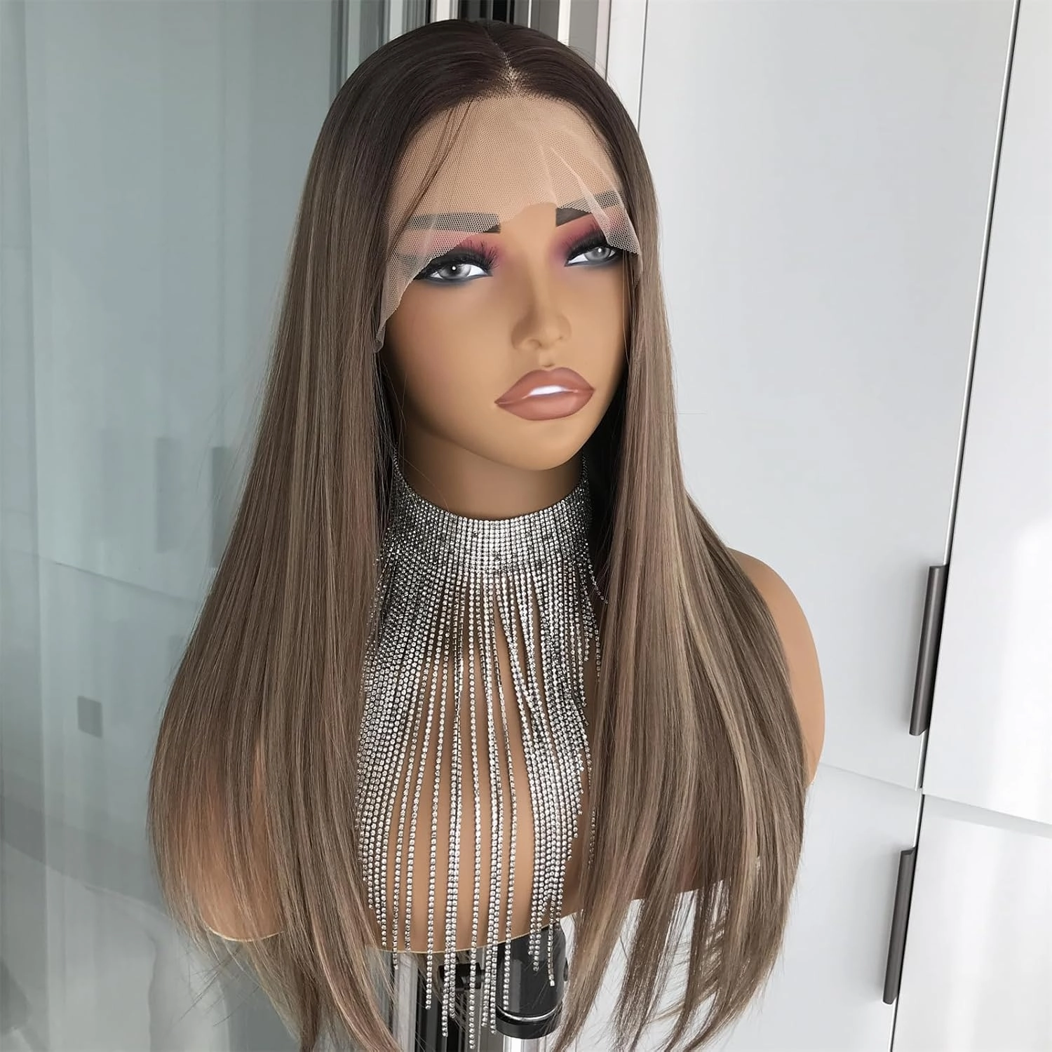 Highlight Brown Lace Front Wig 13x4 Pre Plucked Synthetic Lace Front Wig Straight Glueless Wig for Women Heat Resistant Fiber Wig for Daily Use 18 Inch
