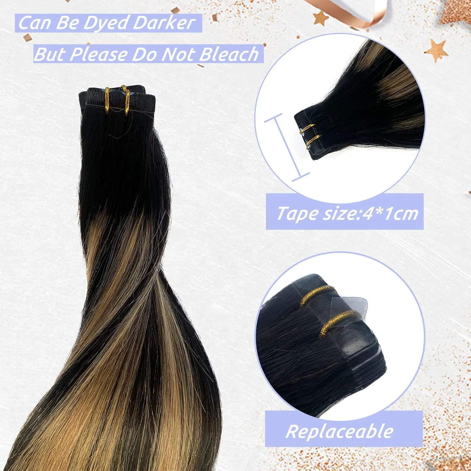 Highlighted Tape in Hair Extensions Balayage Natural Black to Strawberry Blonde Real Hair Extensions 20pcs/30g 16Inch Silky Straight 100% Remy Tape in Human Hair Extensions