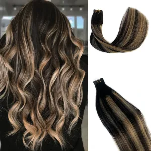 Highlighted Tape in Hair Extensions Balayage Natural Black to Strawberry Blonde Real Hair Extensions 20pcs/30g 16Inch Silky Straight 100% Remy Tape in Human Hair Extensions