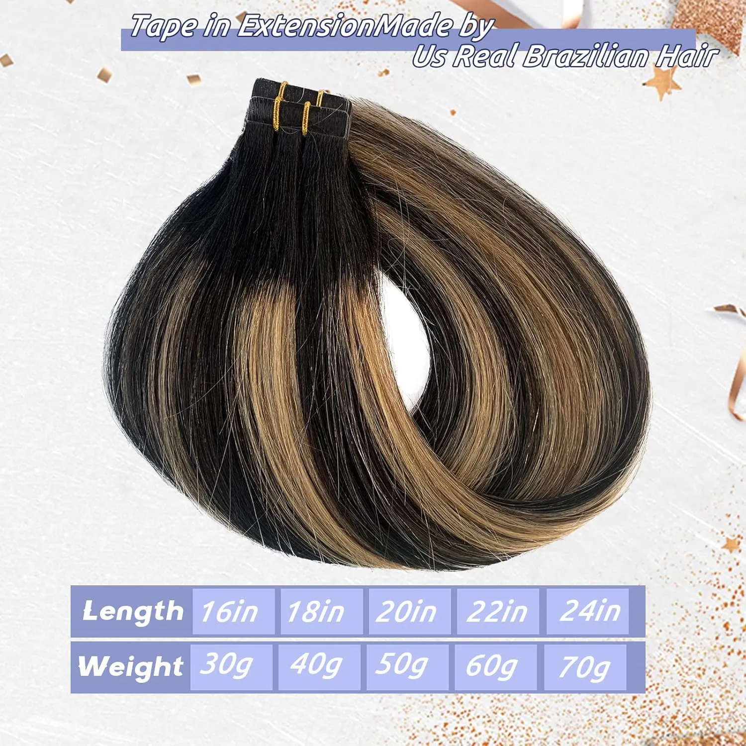 Highlighted Tape in Hair Extensions Balayage Natural Black to Strawberry Blonde Real Hair Extensions 20pcs/30g 16Inch Silky Straight 100% Remy Tape in Human Hair Extensions