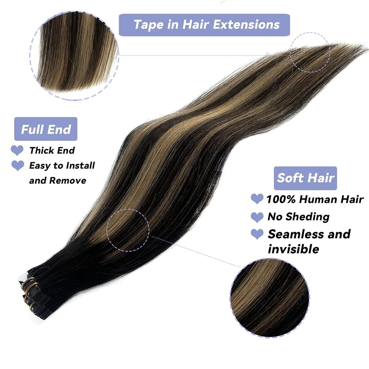 Highlighted Tape in Hair Extensions Balayage Natural Black to Strawberry Blonde Real Hair Extensions 20pcs/30g 16Inch Silky Straight 100% Remy Tape in Human Hair Extensions