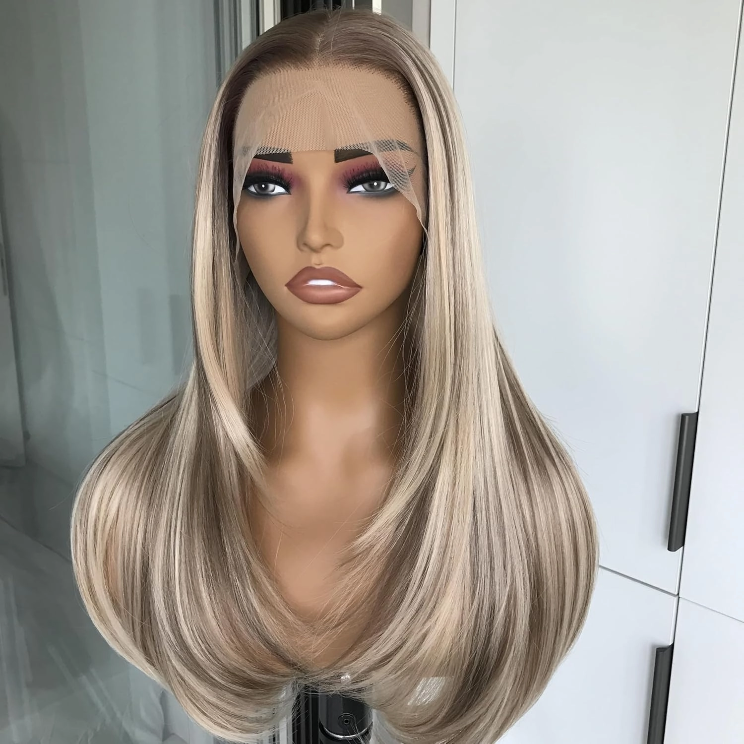 Honey Blonde Highlight Straight Lace Wig for Women Synthetic Lace Front Wig Ombre Brown Wig long Layered Yaki Straight Wig Pre plucked Frontal Wig for Daily 22Inch