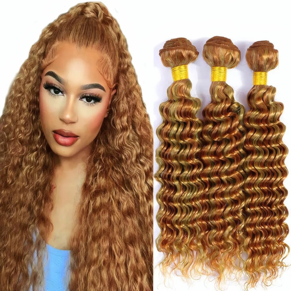 Honey Blonde Human Hair Bundles P27/30 Honey Brown Deep Wave Bundles 10 12 14 Inch Unprocessed Brazilian Virgin Remy Hair 2 Tone Color 30 Mixed Honey Blonde