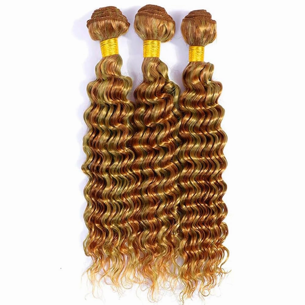 Honey Blonde Human Hair Bundles P27/30 Honey Brown Deep Wave Bundles 10 12 14 Inch Unprocessed Brazilian Virgin Remy Hair 2 Tone Color 30 Mixed Honey Blonde