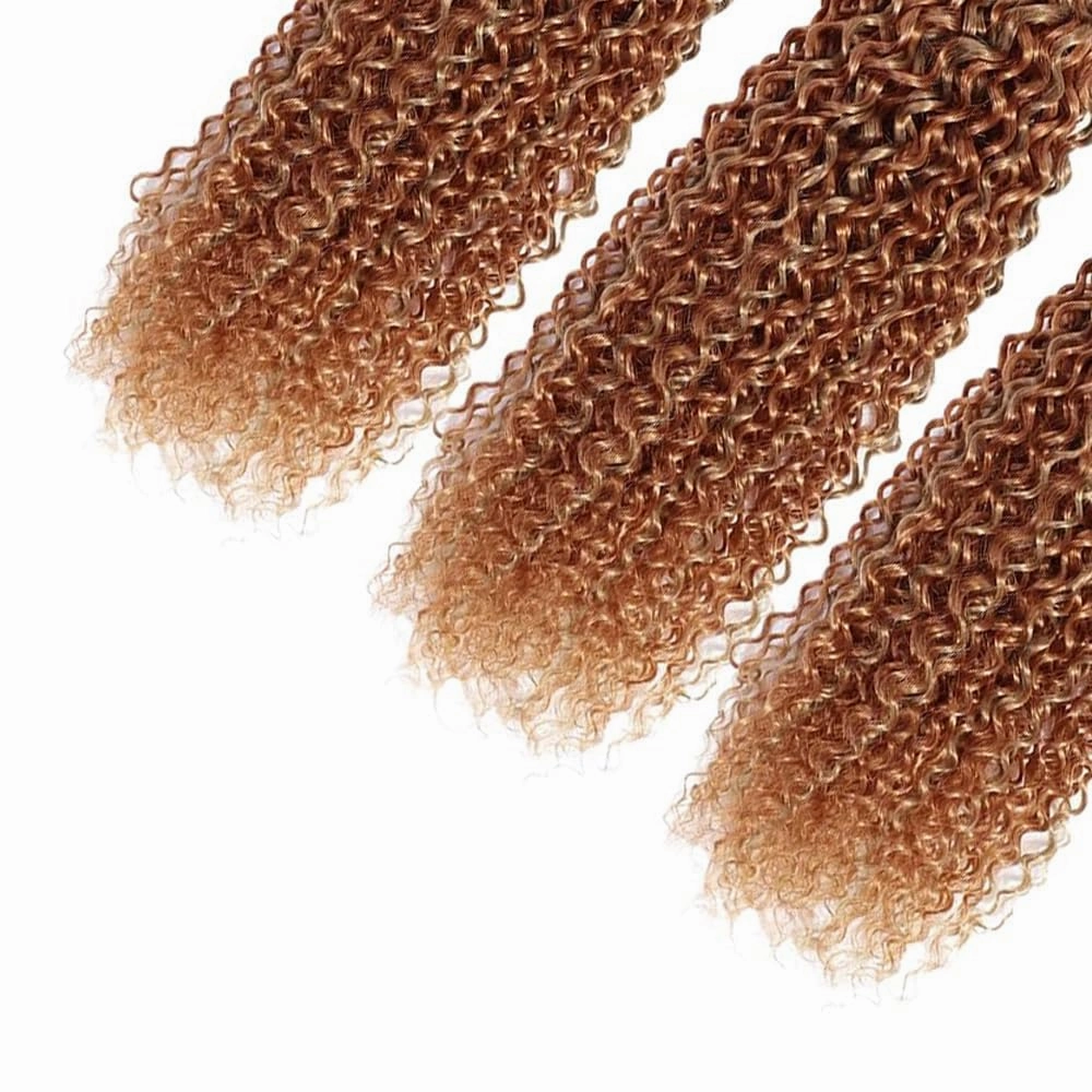 Honey Brown Human Hair Bundle Mixed With Honey Blonde Kinky Curly Bundles P27/30 Peruvian Virgin Remy Hair Mixed Length 10 12 14 Inch 2 Tone Color #27 and Honey Brown