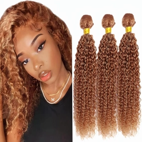 Honey Brown Human Hair Bundle Mixed With Honey Blonde Kinky Curly Bundles P27/30 Peruvian Virgin Remy Hair Mixed Length 10 12 14 Inch 2 Tone Color #27 and Honey Brown