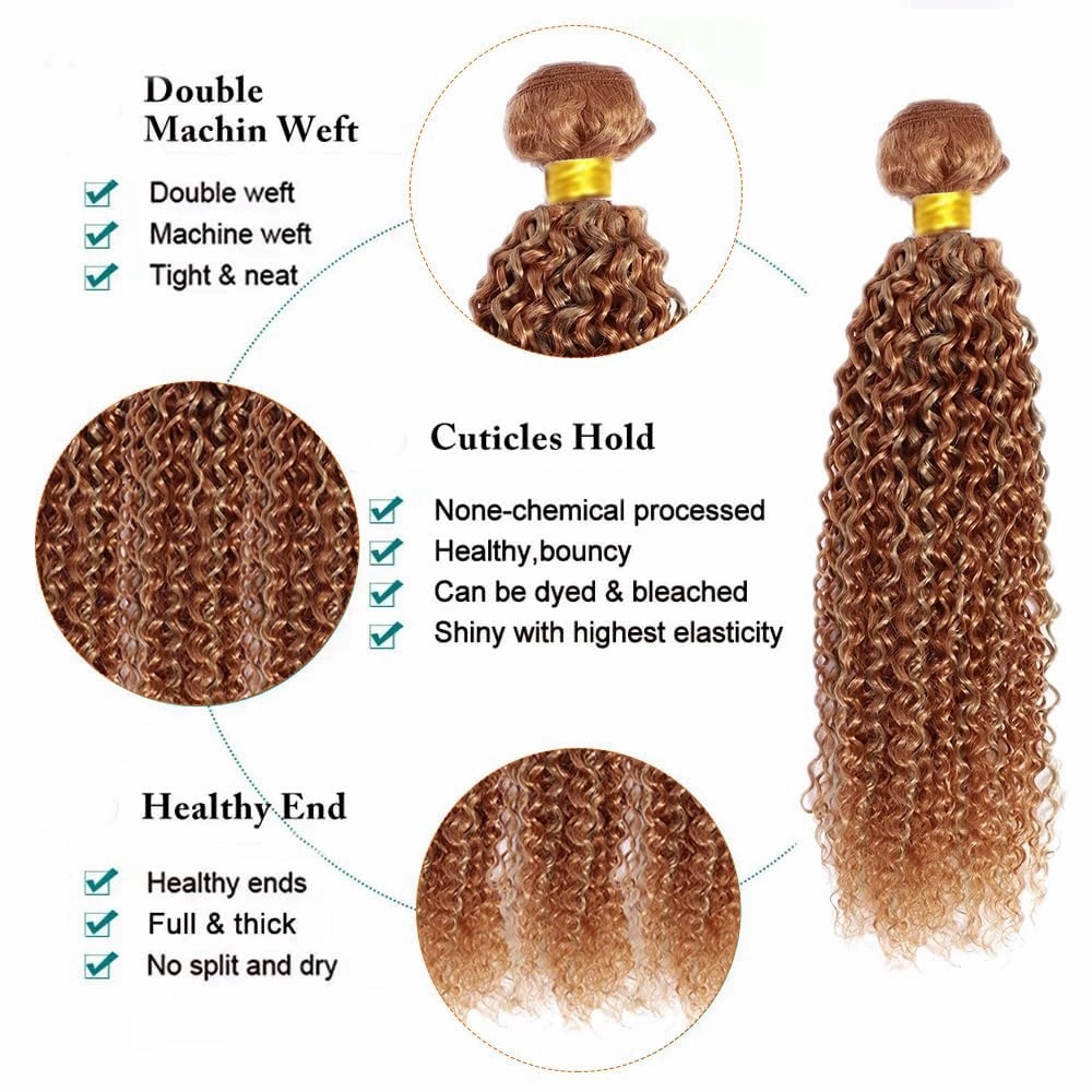 Honey Brown Human Hair Bundle Mixed With Honey Blonde Kinky Curly Bundles P27/30 Peruvian Virgin Remy Hair Mixed Length 10 12 14 Inch 2 Tone Color #27 and Honey Brown
