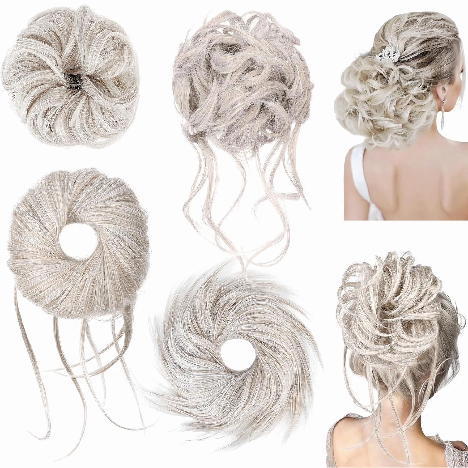 HOOJIH Messy Bun Hair Pieces, 4 Pieces Messy Bun Straight Bun Hair Pieces for Women Wavy Tousled Updo Short Ponytail Hair Extensions Large Bun with Elastic Band - Platinum with Medium Blonde Mixed