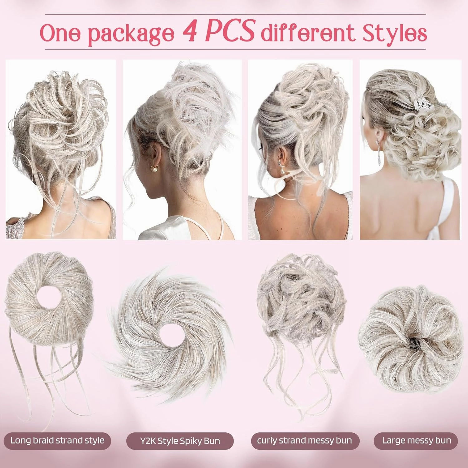 HOOJIH Messy Bun Hair Pieces, 4 Pieces Messy Bun Straight Bun Hair Pieces for Women Wavy Tousled Updo Short Ponytail Hair Extensions Large Bun with Elastic Band - Platinum with Medium Blonde Mixed