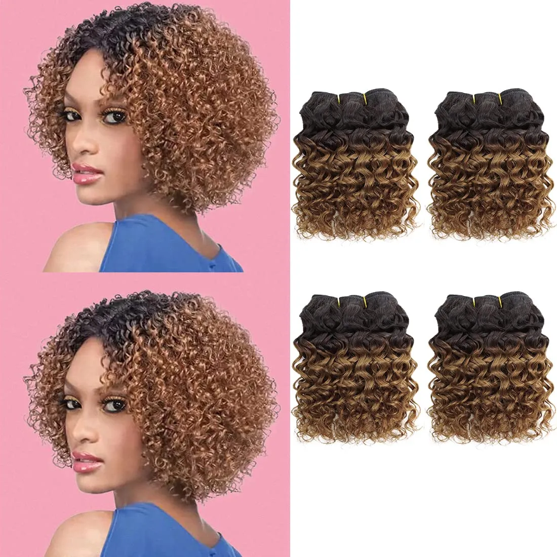 Human Hair Bundles 8 inch Curly Human Hair 4 Bundles 1B/30# 12A Brazilian Virgin Hair Unprocessed Curly Weave Bundles Kinky Curly Bundles Human Hair 55 Gram/Bundle Wet and Wavy Bundles