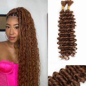 Human Braiding Hair Mix Synthetic Boho Hair for Braiding, 16 Inch Wet and Wavy 2 Pcs Deep Wave Bulk or Curly Bohemian Extensions(30#, 16Inch)