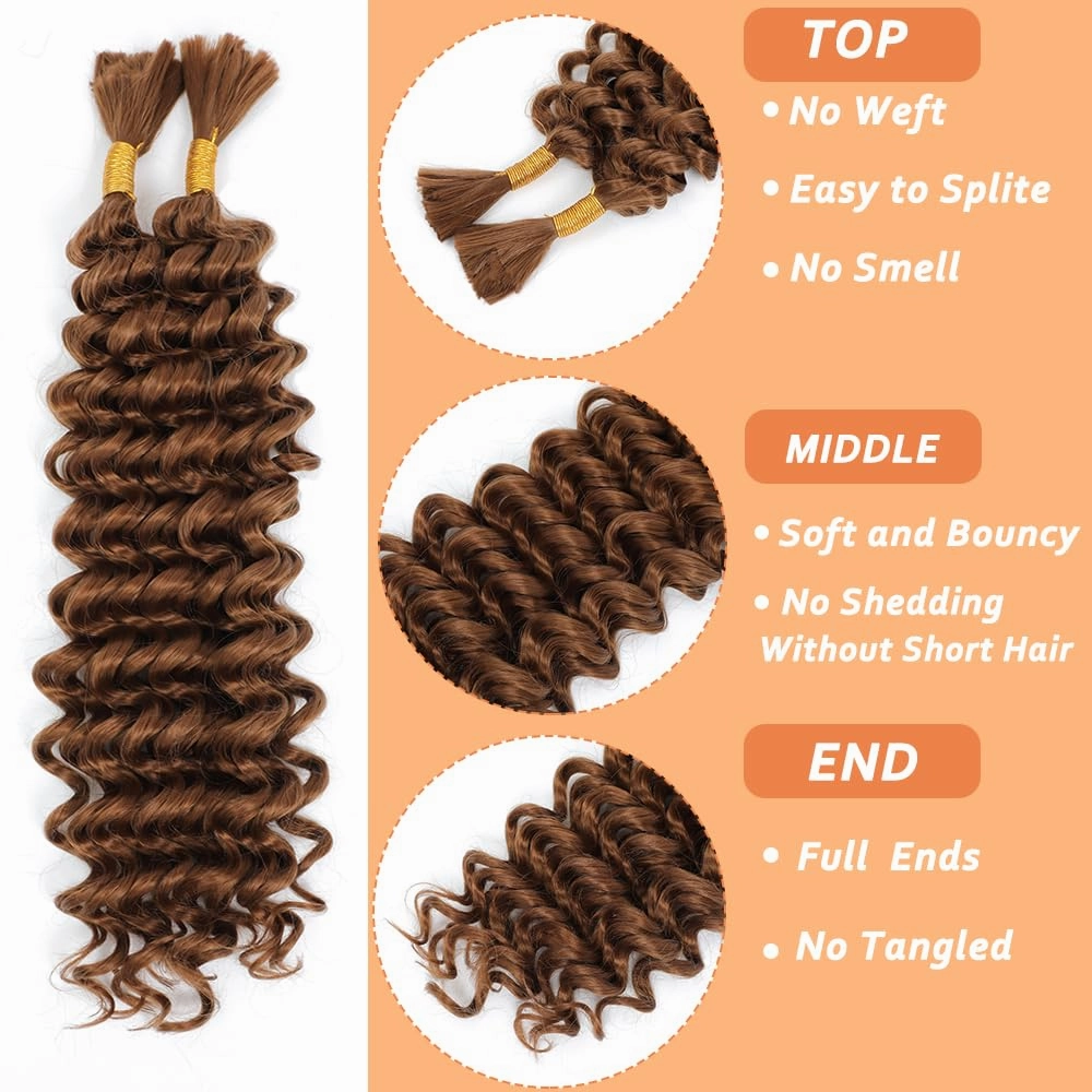 Human Braiding Hair Mix Synthetic Boho Hair for Braiding, 16 Inch Wet and Wavy 2 Pcs Deep Wave Bulk or Curly Bohemian Extensions(30#, 16Inch)