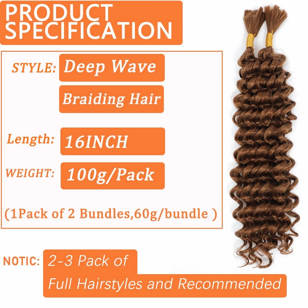 Human Braiding Hair Mix Synthetic Boho Hair for Braiding, 16 Inch Wet and Wavy 2 Pcs Deep Wave Bulk or Curly Bohemian Extensions(30#, 16Inch)