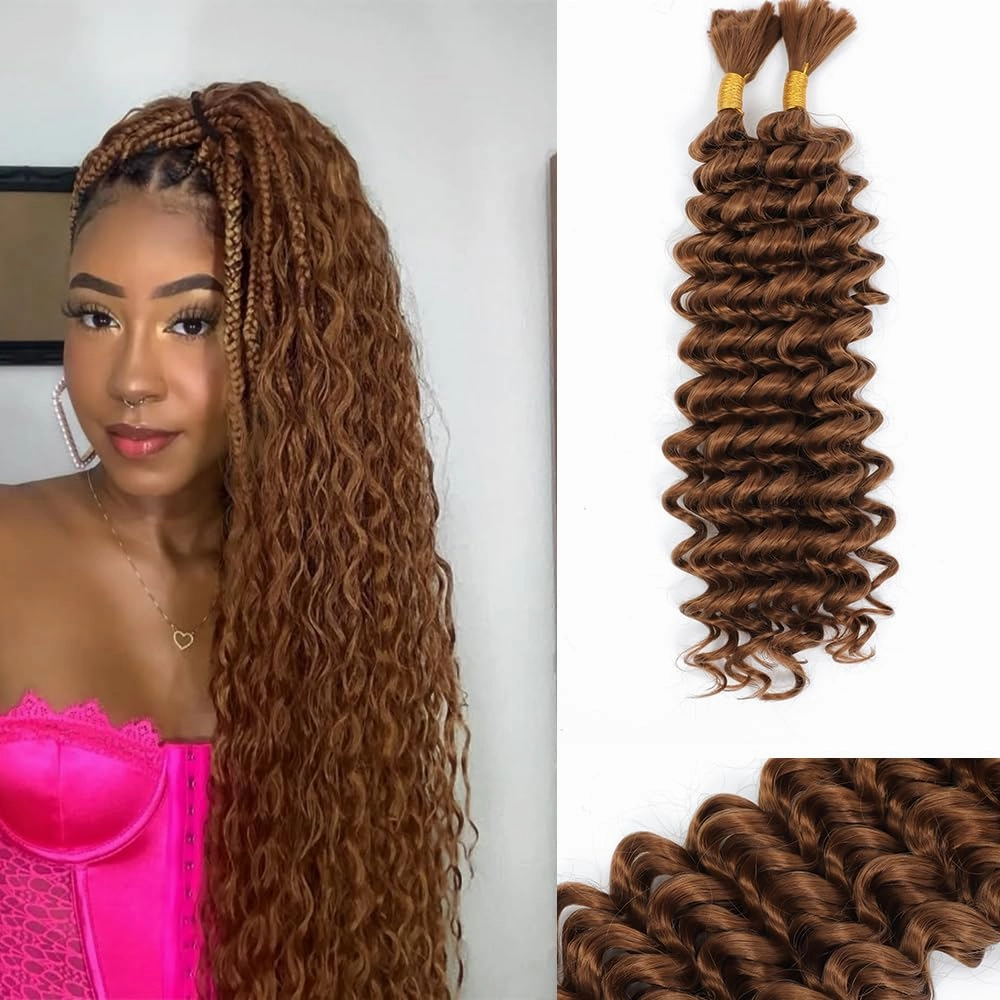 Human Braiding Hair Mix Synthetic Boho Hair for Braiding, 16 Inch Wet and Wavy 2 Pcs Deep Wave Bulk or Curly Bohemian Extensions(30#, 16Inch)