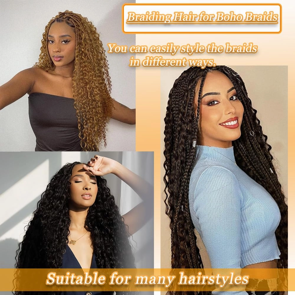 Human Braiding Hair Mix Synthetic Boho Hair for Braiding, 16 Inch Wet and Wavy 2 Pcs Deep Wave Bulk or Curly Bohemian Extensions(30#, 16Inch)