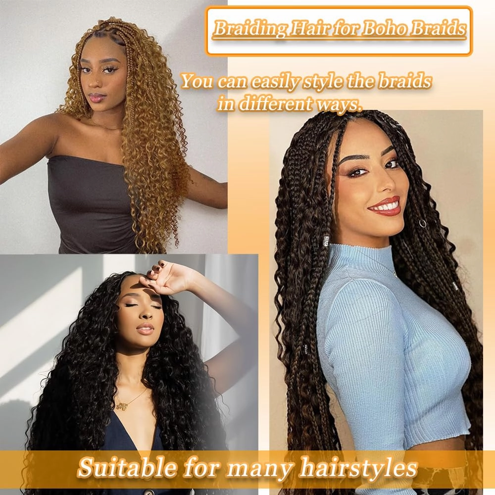 Human Braiding Hair Mix Synthetic Boho Hair for Braiding, 16 Inch Wet and Wavy 2 Pcs Deep Wave Bulk or Curly Bohemian Extensions (350#, 16Inch)
